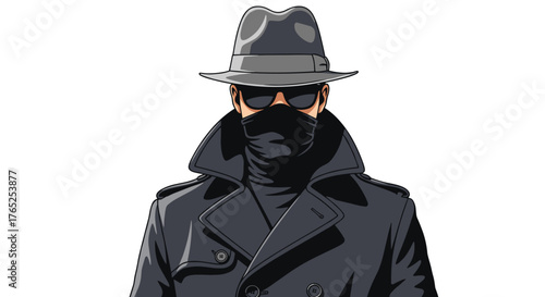 Mysterious Detective Agent in Shadowy Trench Coat Investigating Conspiracy Case, Anonymous Figure in Disguise for Undercover Espionage Operation, Modern Noir Thriller Concept for Secret Agent Film or