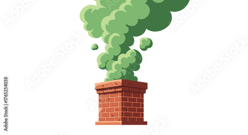 Cartoon Chimney Emitting Green Smoke Illustrating Environmental Pollution, Air Quality Issues, and Industrial Emissions in an Urban Setting for Eco Awareness Campaigns, Educational Materials, Sustaina