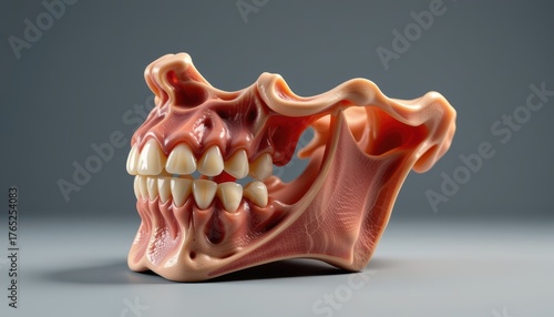 3D anatomical model of a jaw showcasing teeth and muscle structure.