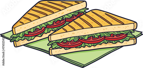Two Grilled Sandwiches Served on Napkin Ready to Eat at Lunch: Delicious toasted sandwiches with fresh lettuce, tomatoes, on green napkin background for healthy eating concept, ideal food illustration