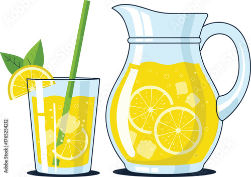 Refreshing Lemonade Illustration: A vibrant pitcher and glass of homemade lemonade, perfect for summer presentations, restaurant menus, or lifestyle blogs. A refreshing, healthy drink with citrus frui