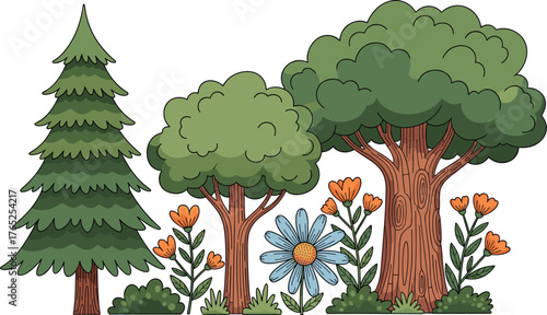Cartoon Forest Scene with Trees and Flowers Illustration for Children's Book or Educational Material, Featuring Evergreen, Deciduous Wooded Area, Calm Nature Landscape,  Ideal for Website Graphics, Ma