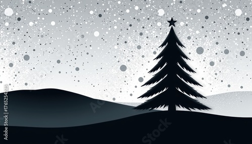 Silhouette of a Christmas tree against a snowy landscape.