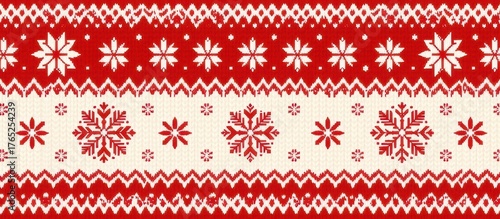 Festive red and white knitted pattern with snowflakes and geometric designs.