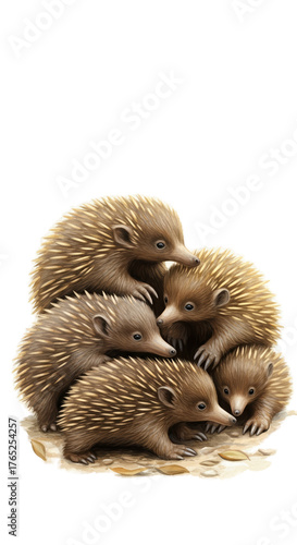 Group Of Cute Echidnas With Spiky Fur And Small Snouts Realistic Photo