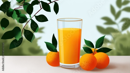 Refreshing orange juice in a glass with fresh oranges and greenery in the background.