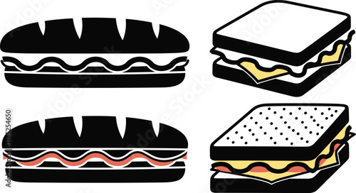 Sandwiches in Simple Black and White Vector Style Illustration, Depicting a Submarine Sandwich and a Square Sandwich, Ideal for Menu Designs, Restaurant Themes, and Graphic Design Projects, Representi