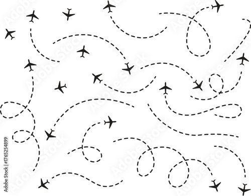 Airplane with dotted line route. flying plane with twisted, curved and straight dashed trace path. transparent png and vector