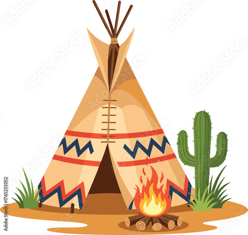 Native American Teepee Scene with Campfire in Desert Environment: Traditional Indigenous Shelter Illustration for Educational Projects, Cultural Presentations, & Travel Marketing (Warm Tones, Vector S