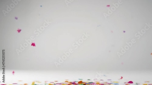 Colorful confetti in the air with various shapes and sizes. Background is white, creating an abstract design