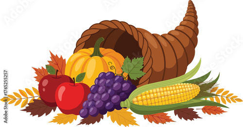 Abundant Harvest Cornucopia Overflowing with Thanksgiving Bounty, Apples, Grapes, Corn, Pumpkin, and Autumn Leaves, a Festive Horn of Plenty for Seasonal Celebrations, Perfect for Holiday Marketing, P