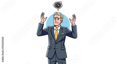 Anxious Businessman with Tangled Thoughts: Stressed executive gesturing in confusion against a light blue backdrop, illustrating business challenges, problem-solving, and decision-making dilemmas in p