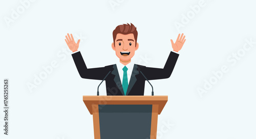 Animated Businessman Delivering Speech at Podium with Arms Raised in Victory, Addressing Audience at Conference Event, Professional Presentation, Marketing Campaign, Vector Illustration, Corporate Lea