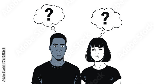 Puzzled Couple Contemplating Future Choices with Thought Bubbles: Diverse man and woman in monochrome ponder decisions, visualizing uncertainty in modern graphics for business, marketing, and mental w