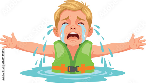 Distraught Young Boy Crying in Water Wearing a Life Vest, Feeling Sad and Helpless, Isolated on White Background, Cartoon Illustration for Safety Education and Emotional Wellbeing Presentations (Anima