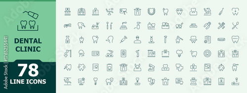 Dental Clinic modern icon set. Health line icon set. Icons for website. Related to hospital, medical, dentist, clinic, treatment, teeth and more. Vector artwork and illustration.
