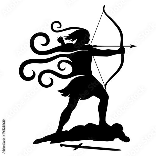 Silhouette of archer blending with wind – symbolic warrior pose vector with white background 