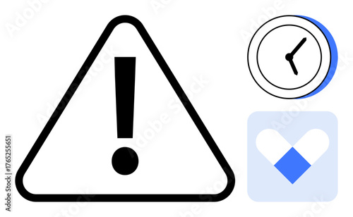 Black triangle with exclamation mark, abstract clock, and heart-shaped health icon. Ideal for health safety, urgency, time management, warnings, care services, healthcare simple flat metaphor