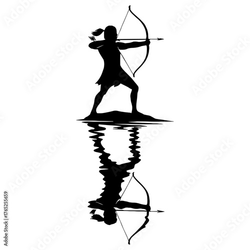 Silhouette of archer standing in reflection water – spiritual duality design vector with white background 