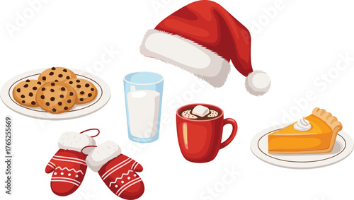 Festive Christmas Eve Treat Still Life Featuring Santa's Hat, Chocolate Chip Cookies, Milk, Hot Cocoa, Mittens, and Pumpkin Pie on White Background Representing Holiday Cheer, Family Traditions,  Warm