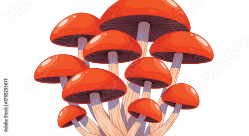 Cluster of Orange Mushrooms Growing Wild in a Forest Illustration, Mycological Growth, Edible Fungus, Poisonous Fungi, Nature's Bounty, Forest Floor, Spores for Culinary Uses or Scientific Study, Vege