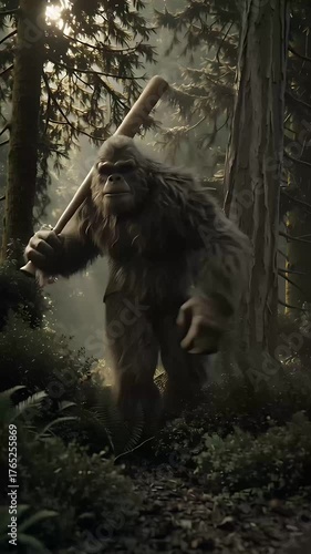 Bigfoot Creature in Forest with Wooden Club – Mythical Cryptid Illustration