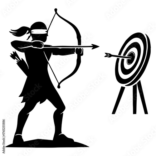 Silhouette of blindfolded archer hitting target – skill and intuition symbol vector with white background 
