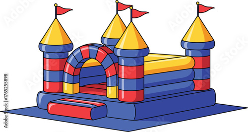 Inflatable Bounce House Castle for Kids Playtime Fun Outdoors: Cheerful Cartoon Illustration for Birthday Parties, Summer Events, and Family Gatherings, Promoting Active Play and Joyful Childhood Memo