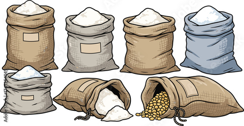 Sacks of Farm Produce: Burlap Bags Filled with Flour, Grain, and Soybeans for Agriculture Industry on White Backdrop Illustrating Harvesting and Farming Themes, Suitable for Food Packaging Design & Ma