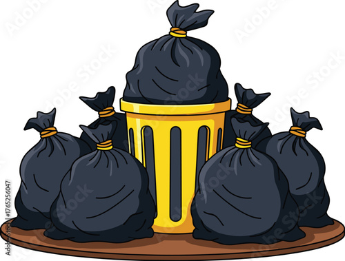 Overflowing Trash Bags Cluttering a Yellow Garbage Can in a Neglected Outdoor Setting Emphasizing Environmental Issues, Waste Management, and Urban Pollution Depicted in a Cartoon Style Image for Educ