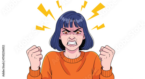 Furious Young Woman Expressing Intense Anger with Clenched Fists and Red Face in Cartoon Style, Surrounded by Lightning Bolts, Representing Frustration and Rage, Ideal for Emotional Health Content, Me