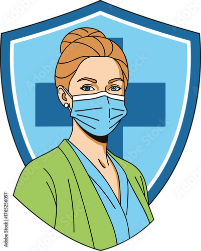 Dedicated Healthcare Hero Wearing a Mask Protecting Against Disease in a Blue Shield Background, an Essential Worker Fighting the Pandemic, a Frontline Medical Professional Saving Lives in a Modern Gr