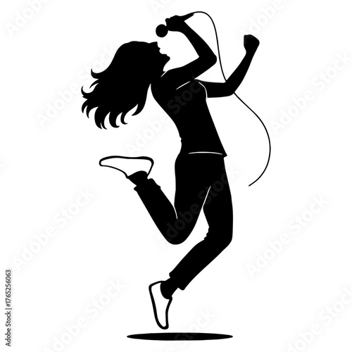 Silhouette of pop singer jumping mid-performance – energy and freedom vector with white background 