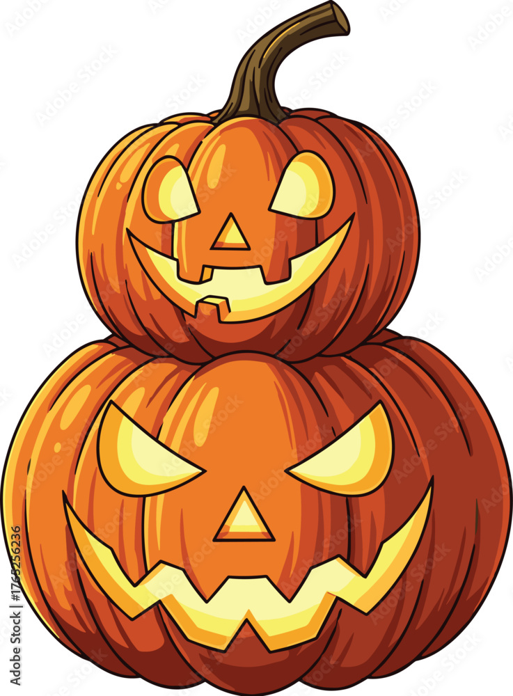 Fototapeta premium Spooky Jack-o'-Lanterns Stacked for Halloween Celebrations Creating Festive Decorations, Glowing Pumpkin Carvings for Autumn Holiday Events and Parties, Conceptual Symbol of Fall Season Spirit, Cartoo