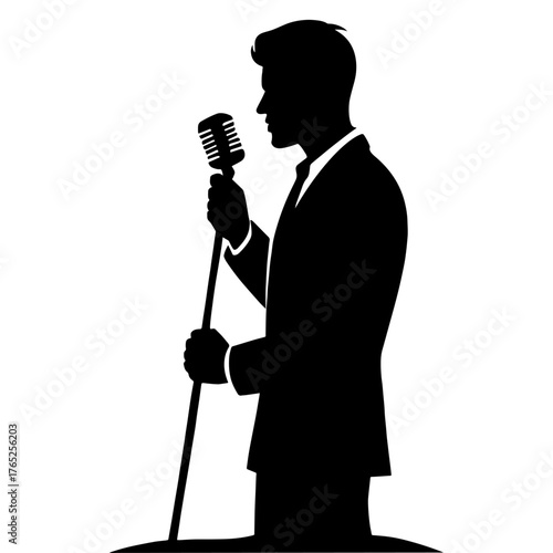 Silhouette of singer holding vintage microphone – retro concert vibe vector with white background 