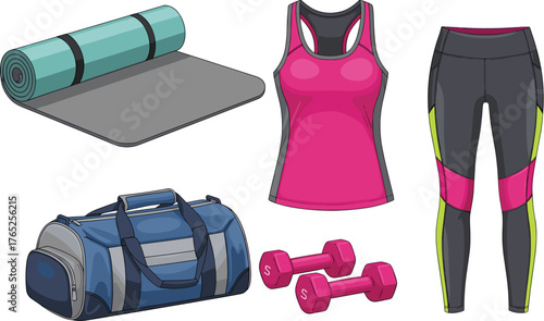 Gym Gear Ready for Fitness: Athletic Apparel, Yoga Mat, Weights, and Duffel Bag Ready for Workout Sessions in a Modern Studio, Promoting Healthy Lifestyle, Personal Training, and Exercise Regimen with