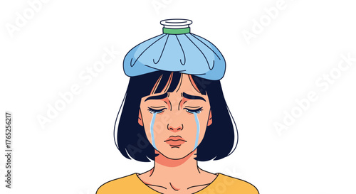 Sad Young Woman Applying Ice Pack for Headache Relief at Home, Experiencing Pain and Stress, Emphasizing Health and Well-being, Suitable for Healthcare and Mental Health Campaigns, Crying with Dark Ha