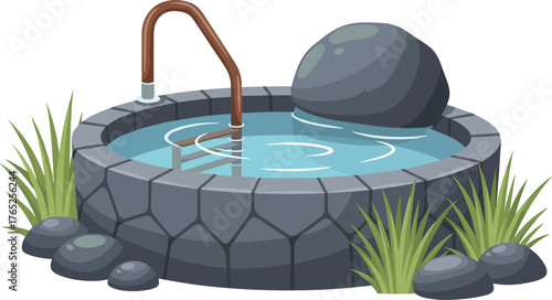 Tranquil Stone Water Fountain with Rock Feature in Zen Garden: Ornamental Landscape Artwork for Serene Outdoor Decor & Relaxation, Perfect for Wellness, Landscaping, Meditation Visuals & Artistic Pres