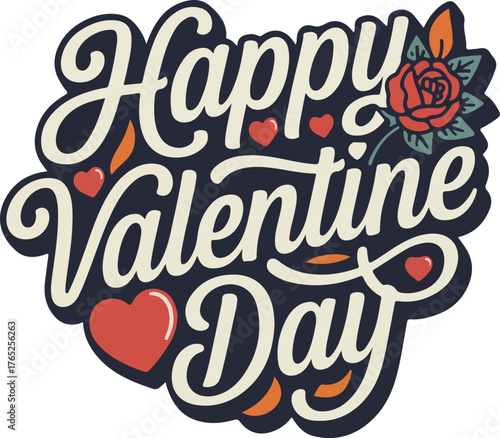 Retro Typography Happy Valentine Day Sticker Art Flower, Romance, Holiday, Celebration