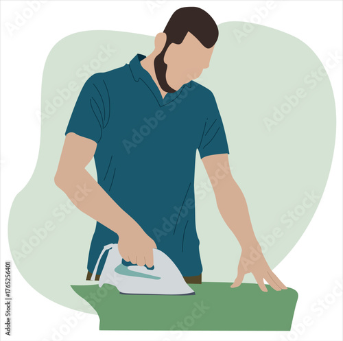 man ironing clothes.A young man irons clothes at home.