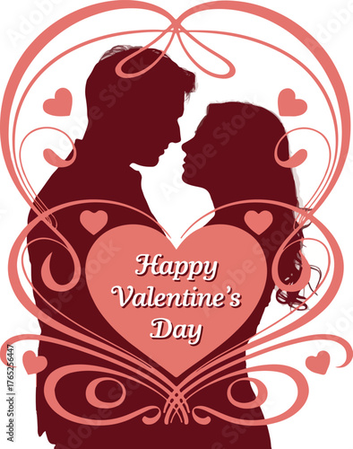 Valentine's Day Couple Silhouette with Heart Frame Design Couple, Silhouette, Love, Romance, Heart, Frame, Red, Pink, Greeting,