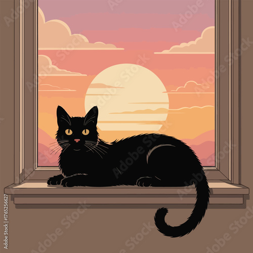 Black cat resting on a windowsill at sunset Keywords: black cat, feline, pet, animal, domestic