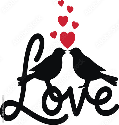 Black Silhouette Love Birds Perched on Script with Red Hearts.birds, silhouette, hearts, romance, wedding, Valentine, couple, script, typography, affection, graphic, design, black and red.