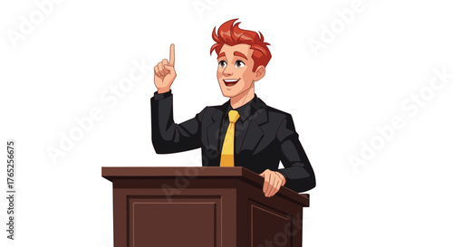 Confident Redhead Presenter Delivering Speech at Podium with Innovative Idea Presentation in a Modern Business Setting, Engaging Audience with Persuasive Communication Strategy for Marketing Success,