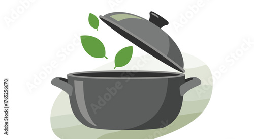 Cooking Pot with Lid Open Releasing Fresh Herbs – Preparing Healthy Meal at Home in Kitchen, Vector Illustration for Recipe, Menu Design, Food Blog, Culinary Concept, Green Cooking, Healthy Lifestyle,