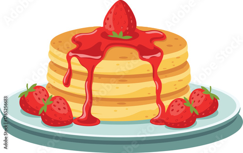 Delectable Pancakes Stacked with Fresh Strawberries and Sweet Syrup Drizzling on a Plate, Ready to Eat in a Cozy Breakfast Setting.  Perfect for Food Blogs, Restaurant Menus, Culinary Arts, Recipe Web