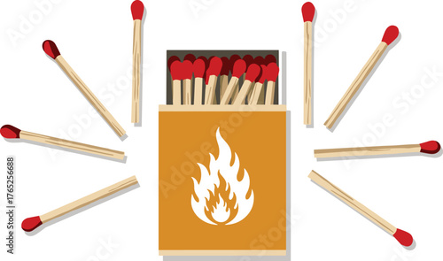 Matchbox with Matches Arranged Creatively on White Background Depicting Fire Safety, Creative Ignition and Invention for Presentations, Website Graphics, Marketing and Advertising in Orange, White and