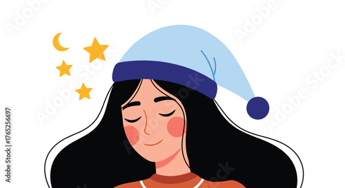 Content Woman Dreaming with Sleep Cap in Bed, Envisioning Sweet Dreams, Promoting Wellness, Relaxation, and Peaceful Nighttime Rest, Ideal for Healthcare, and Lifestyle Marketing, Vector Illustration