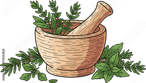 Mortar and Pestle Crushing Fresh Herbs for Herbal Medicine Preparation, Natural Remedy, or Culinary Use in a Rustic Kitchen: A Traditional Apothecary Grinding Herbs for Aromatherapy, Essential Oils, o