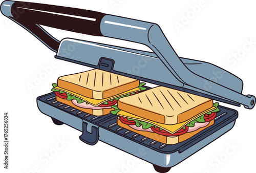 Grilled Sandwiches in Press Illustration: Two toasted sandwiches being pressed in a blue electric panini press, perfect for fast food concepts, cooking at home, healthy eating, and lunch menus. Use th